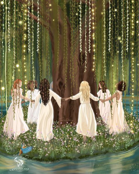 ‘Dancing Willow’ 💚✨ The weeping willow, natures veil for a circle of dancing women, celebrating the wonders of life. Channelling the feeling and energy of summer. 🌞🌼🌱 Find prints via link in bio. #womenscircle #willowtree #spiritualart #healingart #naturehealing #connection #friendship #femalempowerment #mothernature #pachamama #summer Connections And Relationships Art, Women’s Circle, Womans Circle, Dancing In Nature, Womens Circles, Circle Dancing, Woman Friendship, Circle Of Women, Woman Relationship