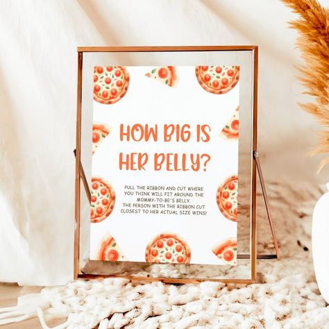 Pizza Baby Shower Game Sign How Big Is Her Belly Pizza And Pacifiers Baby Shower Decor, Pizza Baby Shower Theme, Pizza Themed Baby Shower Ideas, Pizza Baby Shower Ideas, Baby Pizza, Slice Pizza, Baby Shower Activity, Baby Shower Table Decorations, Baby Shower Table