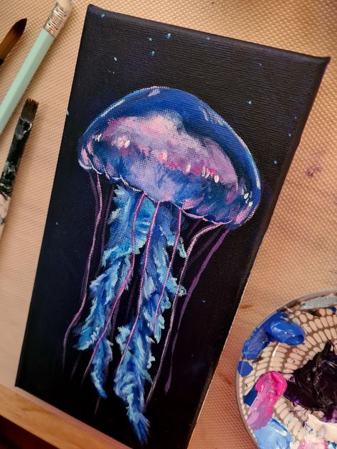 Bioluminescent Jellyfish in the Abyss - Acrylic Fantasy Art (10x20cm) Dive into the mesmerizing depths of the ocean with this stunning acrylic painting, "Bioluminescent Jellyfish in the Abyss." Measuring 10x20cm, this enchanting artwork captures the ethereal beauty of jellyfish glowing in the dark waters, evoking a sense of magic and wonder. With vibrant hues of electric blues and radiant purples, each brushstroke brings to life the delicate elegance of these marine creatures as they gracefully Jellyfish Art Acrylic, Jellyfish Acrylic Painting, Bioluminescent Jellyfish, Jellyfish Painting, Toile Design, Jellyfish Drawing, Glowing In The Dark, Marine Creatures, Dark Paintings