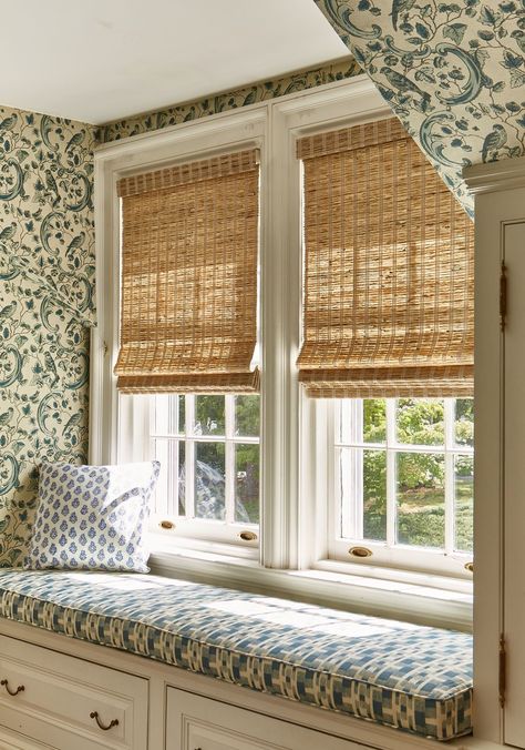 Hunter Douglas woven wood shades in Parker Bowie Larson's home office Bamboo Roman Shades Kitchen, Seagrass Blinds, Hunter Douglas Provenance Woven Shades, Woven Shades Bedroom, Door Shades Ideas, Woven Shades With Curtains, Bamboo Shutters, Blinds In Living Room, Blinds For Bedroom Windows