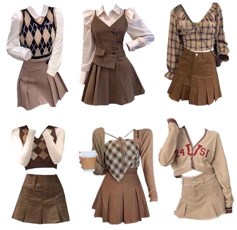 Pretty Outfits Brown, Korean Theme Outfit, Brown Aesthetic Dress Outfit, Korean Dark Academia Aesthetic, Preppy Outfits Dark Academia, Cute Outfits Academia, Brown Inspo Outfits, Y2k Brown Skirt Outfit, Pink Y2k Outfits Aesthetic