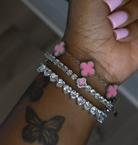 I love a pretty bracelet stack 😍 this silver and pink is everything! View our Saturn ♡ Set on toptiercharms.com 🔗 @toptiercharms Swavorski Bracelet Aesthetic, Silver And Pink Aesthetic, Silver Bangle Stack, Bracelet Stacks Silver, Silver And Pink Jewelry, Pink Bracelet Stack, Jewelry Silver Aesthetic, 22nd Bday Outfit, Bracelet Ideas Silver