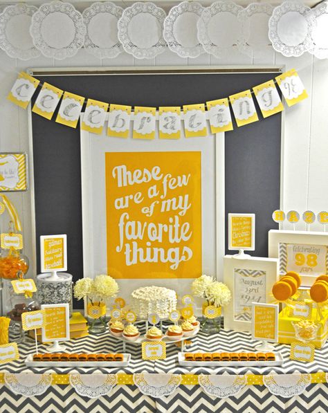 Bright and sunny dessert table! #desserttable #soundofmusic 90th Birthday Party Theme, 98th Birthday, Buffet Dessert, Favorite Things Party, 90th Birthday Parties, Yellow Party, 90's Birthday Party, 80th Birthday Party, Music Party