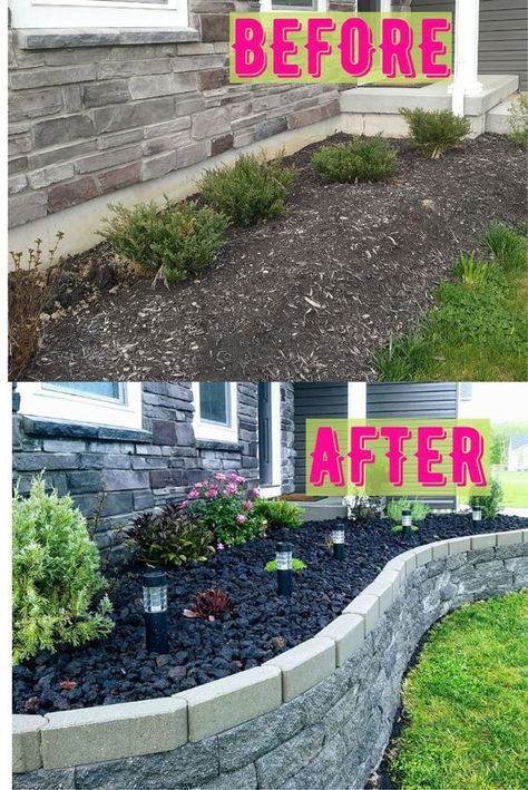 15 Black Lava Rock Landscaping Ideas - Our Blue Ridge House Raised Flower Bed, Landscape Ideas Front Yard Curb Appeal, Front Yards Curb Appeal, Raised Flower Beds, Front Garden Landscape, Meteor Garden 2018, Front Landscaping, Landscape Edging, Front House Landscaping