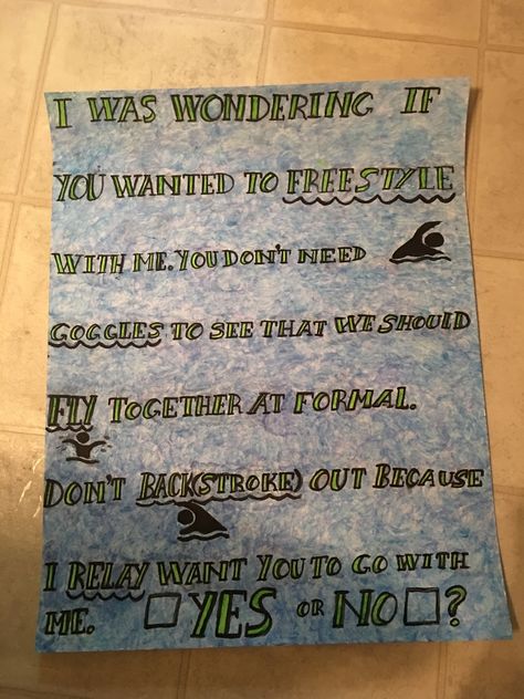 A cute way to ask a swimmer to formal Sadies Proposal, Prom Invites, Formal Proposals, Swimming Jokes, Prom Posters, Cute Homecoming Proposals, Cute Prom Proposals, Homecoming Posters, Swimming Memes