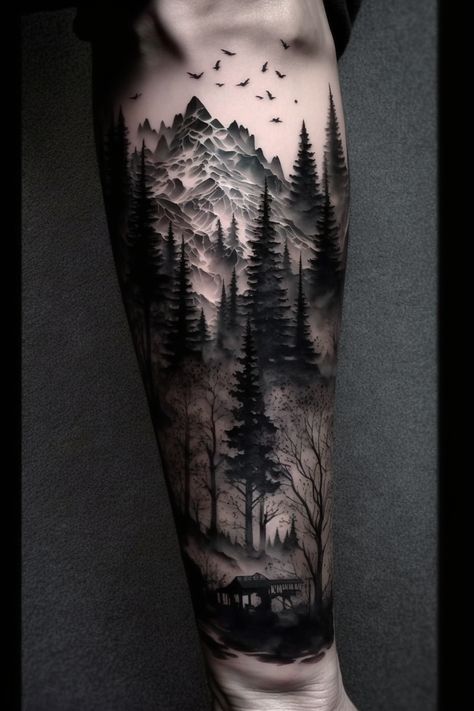 Want more tattoo ideas? ☕️ Support me 👉 buymeacoffee.com/29tattoolab Forest And Moon Tattoo, Wandering Tattoo, Asher Tattoo, Dear Tattoos, Outdoor Tattoos For Men, Outer Bicep Tattoo Men, Mountains Tattoo Design, Woodland Tattoo Sleeve, Goth Symbols