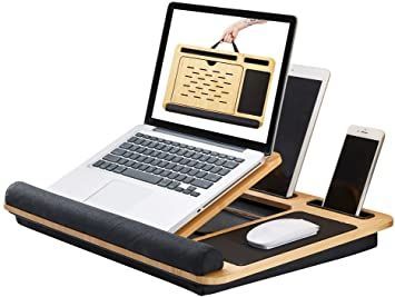 Bamboo Laptop Lap Desk Angle Adjustable, Sofa Bed Desk Portable with Cushion and Soft Wrist Pad, Laptop Stand with Mouse Pad and Tablet & Phone Hoder (Natural Bamboo for Desk Black for Cushion) #bamboolaptop#bamboolaptop