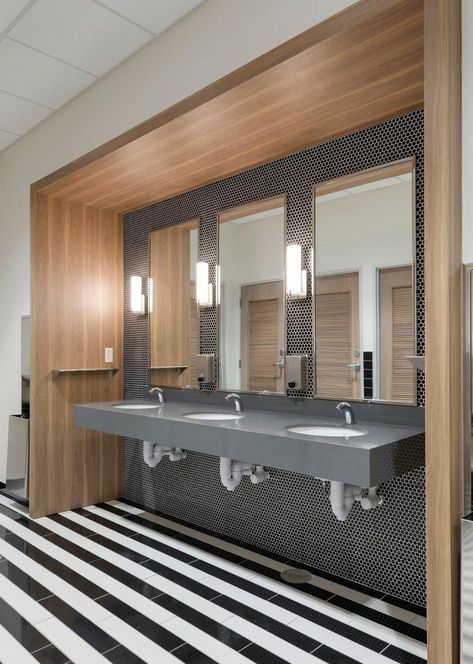 Office Restroom Design, Commercial Bathroom Tile, Black And White Floor Tile, Commercial Bathroom Ideas, Restroom Tile, Public Restroom Design, Commercial Bathroom Designs, Black And White Floor, Design With Color