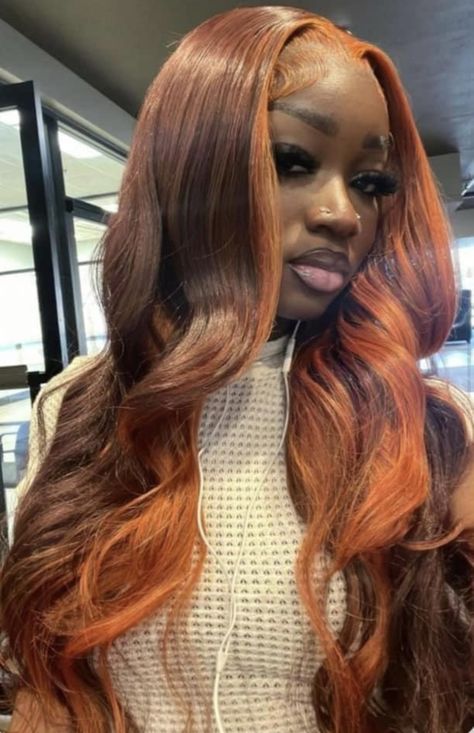 Fall Weave Hair Color Black Women, Dark Brown To Ginger Hair, Two Tone Ginger Hair, Ombré Copper Hair, Copper Quick Weave, Dyed Hair On Dark Skin Women, Two Tone Hair Color Ideas Black Women, Brown With Ginger Highlights, Ginger Sew In