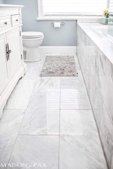 How to Choose the Best Floor Tile Type: A Comparison | Caroline on Design Bathroom Floor Ideas, Small Baths, Top Bathroom Design, Marble Tile Bathroom, White Marble Floor, Bathroom Floors, Best Floor Tiles, Cottage Bathroom, Bathroom Remodel Tile