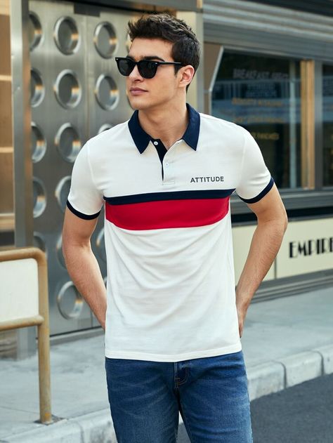 SHEIN Men Letter Graphic Colorblock Polo Shirt | SHEIN USA Shein Men, Polo T Shirts For Men, Polo Shirt Brands, Polo Tee Shirts, Mens Polo T Shirts, Creative T Shirt Design, Polo Shirt Design, Polo Tees, Western Wear Outfits