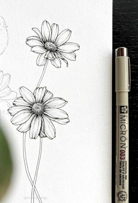 Single Daisy Drawing, Realistic Daisy Drawing, Daisy Pencil Drawing, Small Sunflower Drawing, Daisy Tattoo Designs Drawings, Daisy Flower Drawing Simple, Simple Daisy Drawing, Daisy Drawing Simple, Fineliner Flowers