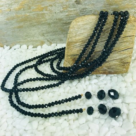 Knot Tie, Black Necklace, Tie Knots, Crystal Pearls, Black Crystals, Handmade Accessories, Jet Black, Just Because, Extra Long