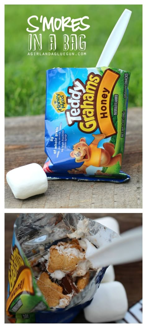 s'mores in a bag--best campfire treat. Easy clean up and fun dessert for when you are camping. | www.thirtyhandmadedays.com Camping Ideas For Couples, Fingerfood Baby, Camping Hacks Food, Camping Foods, Camping Snacks, Teddy Grahams, Camping Hacks Diy, Camp Food, Campfire Food