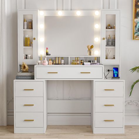 PRICES MAY VARY. 【Important Tips】The complete makeup vanity desk with mirror and lights will be packed in 2 packages (Box A and B), please install after both packages are received. Both the US East and West local warehouses can deliver to ensure faster arrival. 💡【10 Hollywood Bulbs with 3 Light Modes】This modern makeup vanity features a large mirror surrounded by 10 hollywood-style light bulbs with 3 color options (natural light, warm light and cold light) that can be adjusted easily for bright Makeup Vanity Built In Closet, Vanity Next To Bed Ideas, Makeup Vanity Big, Glam Makeup Vanity Ideas, Long Vanity Desk, In Home Makeup Studio, Hollywood Dressing Table, Vanity Desk No Mirror, Japanese Dressing Table