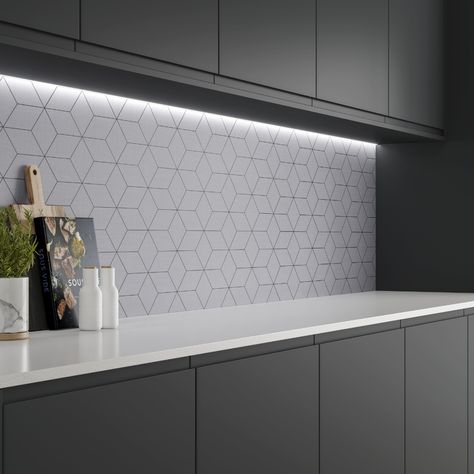 This eye-catching kitchen backsplash ideas is a perfect addition to any working space in your kitchen remodel. This grey hexagon backsplash will create a perfect finish in your modern kitchen, perfect for any kitchen cabinet inspiration, it perfectly mimics the look of hexagon kitchen tiles. Grey Kitchen Ideas Modern Gray, Grey Kitchen Ideas Modern, Dark Gray Backsplash, Backboard Ideas, Gray Kitchen Backsplash, Council Flat, Flat Makeover, Grey Kitchen Ideas, Gray Backsplash