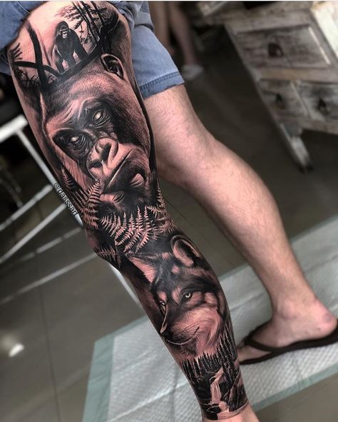 Lion Shoulder Tattoo, Flower Leg Tattoos, Tattoo Perna, Lion Forearm Tattoos, Animal Tattoos For Men, Wildlife Tattoo, Animal Sleeve Tattoo, Black Art Tattoo, Full Leg Tattoos