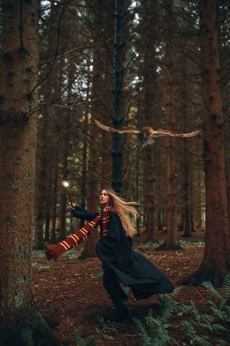 Harry Potter Photoshoot, Harry Potter Photography, Harry Potter Photo, The Forbidden Forest, Gryffindor Aesthetic, Forbidden Forest, Harry Potter Cosplay, Halloween Photography, Harry Potter Decor