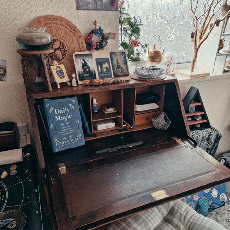 Today I moved this beautiful antique writing bureau into my altar room! It's so amazing to have a place to sit while I study or do work in there. This belonged to my father in law & its going to get a lot more use now I'm so thankful 🦋 #antiquebureau #newaltarsetup #workingaltar #witchcraftpractice #witch🔮 #witchesofinstagram Witch Desk, To My Father In Law, Writing Bureau, Altar Ideas, Witch Room, To My Father, Father In Law, So Thankful, Craft Table