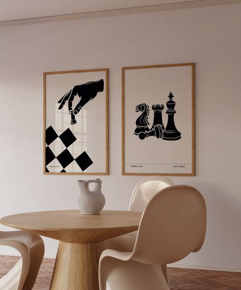 Mid Century Vintage Chess Posters Retro Wall Art Set of 2 Printable posters featuring vintage chess designs for a retro gaming aesthetic. Hallway Office Space, Chess Poster, Chess Gifts, Chess Club, Modern Art Printables, Hallway Office, Wall Art Set Of 2, Art Set Of 2, Wall Art Retro