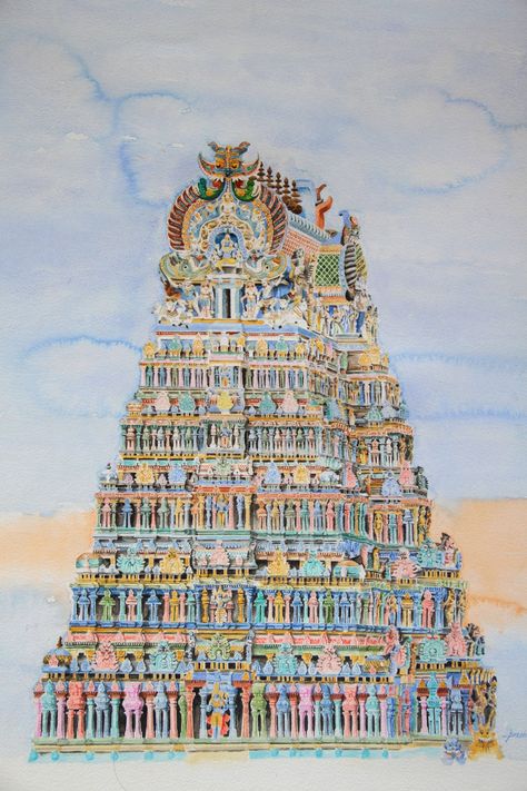 meenakshi temple by prashant prasad, Painting | Artblr. Meenakshi Temple Drawing, Gopuram Painting, Temple Painting Indian, Meenakshi Painting, Gopuram Temple, Creative Art Ideas, Meenakshi Temple, Immaculate Conception Church, Temple Painting