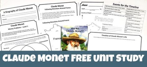 Claude Monet FREE Unit Study - peanut butter fish lessons Claude Monet Printables, Artist Unit Study, Art Unit Study, France Unit Study, France Activities, Free Unit Study, Homeschool Art Lessons, Butter Fish, Unit Study Ideas