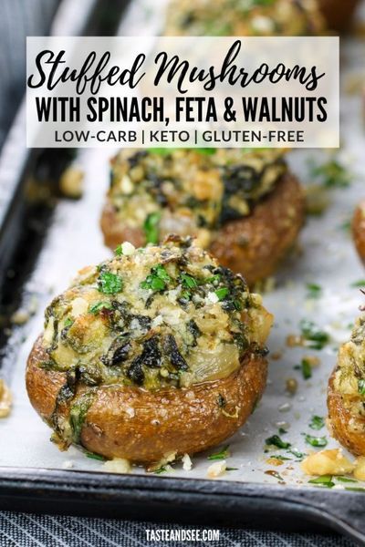 Spinach Feta Stuffed Mushrooms with Walnuts - a hearty, delicious, cheesy appetizer that's perfect for any occasion! #TasteAndSee Vegetable Starters Appetizers, Stuffed Mushrooms With Spinach, Feta Stuffed Mushrooms, Stuffed Mushroom Recipe, Veg Appetizers, Resep Vegan, Mushroom Recipes Healthy, Mushroom Appetizers, Cheesy Appetizer