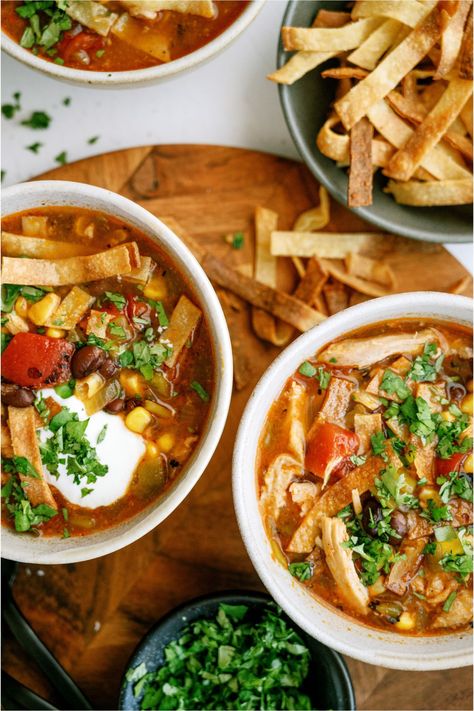 Easy Crock Pot Chicken Tortilla Soup Recipe - Six Sisters' Stuff Six Sisters Chicken Tortilla Soup, Crockpot Chicken Tortilla Soup Recipes, Crock Pot Chicken Tortilla Soup, Easy Crock Pot Chicken, Healthy Chicken Tortilla Soup, Chicken Tortilla Soup Crock Pot, Chicken Tortilla Soup Recipe, Chicken Tortilla Soup Easy, Chicken Tortillas Soups Recipe