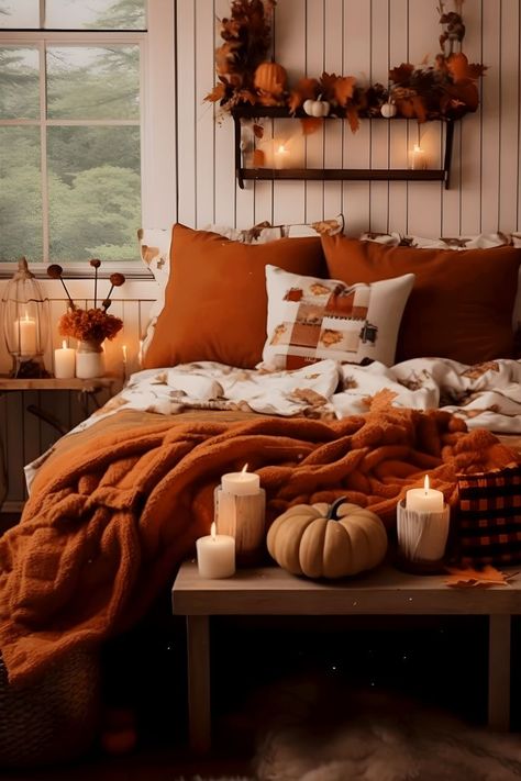 Rustic farmhouse fall bedroom with amber-hued accents, fallen leaves, woven textures, spiced candles, orange throw, cozy ambiance. Charming and comforting fall aesthetic. Halloween Themed Bedroom, Fall Room Ideas, All Shall Be Well, Fall Apartment Decor, Autumn Room, Dappled Sunlight, Fall Room Decor, Fall Bedroom Decor, Halloween Bedroom