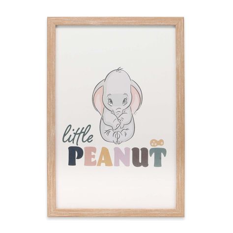 PRICES MAY VARY. Disney Official product: Give your little peanut the sweet space they deserve with this pretty, pastel wall art! With its off-white background and natural wood frame, this sign is easy to coordinate with any nursery design scheme. Framed Wood Wall Decor: An innocent baby Dumbo takes center stage, while two typography styles and a subtle peanut illustration complete the darling decor. Material: This eye-catching decor is made of durable, yet lightweight MDF wood. It comes complet Vintage Disney Baby Nursery, Dumbo Baby Nursery, Dumbo Themed Nursery, Prints For Baby Room, Dumbo Nursery Ideas, Disney Nursery Ideas Girl, Disney Girl Nursery, Disney Animal Nursery, Painting For Baby Room