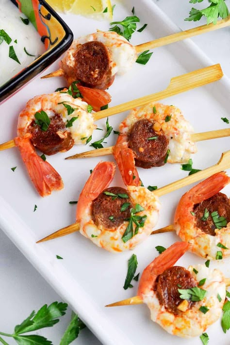 Chorizo Skewers, Prawns Appetizers, Prawn And Chorizo, Chorizo Appetizer, Prawn Skewers, Lemon Dip, Sausage Appetizers, Sweet Appetizer, Skewer Appetizers