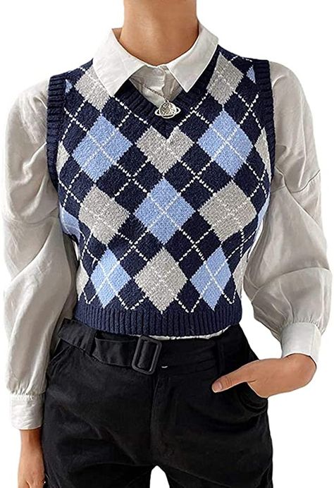 Vests Outfits, Argyle Vest, Sweater Vest Outfit, Autumn Outwear, Argyle Sweater Vest, Sweater Vests, Plaid Sweater, Sweater Vest Women, Argyle Sweater