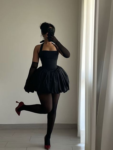 Gothic Ballerina, Dinner Fashion, Class Woman, Coquette Doll, 18th Birthday Outfit, Dinner Fits, Black Ponytail, Classy Short Dresses, Modest Casual Outfits