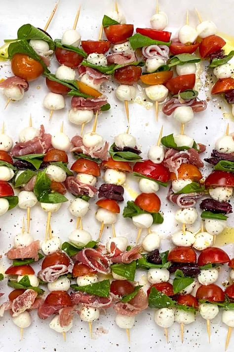 Hors Orderves, Caprese Skewers With Prosciutto, Fancy Croissant Sandwiches, Picky Appetizers Parties Food, Mini Antipasto Skewers, Medeteranian Party Food, Bridal Shower Skewers, Small Plates Appetizers, Kabob Appetizers For Party