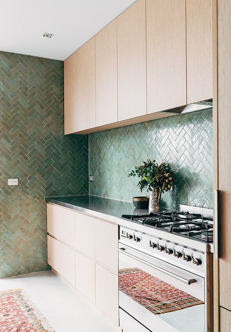 Beyond Subway Tile: 9 Totally Gorgeous Alternatives for Your Kitchen's Backsplash — Kitchen Design Green Tiles, Artisan Tiles, Kitchen Wall Tiles, Kitchen Tile, Apartment Kitchen, Trendy Kitchen, Green Kitchen, Kitchen Remodel Idea, Kitchen Tiles