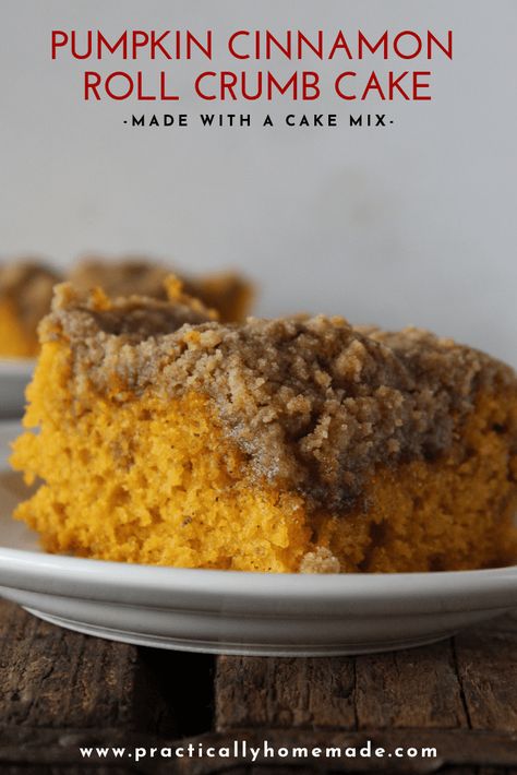 Pumpkin Cinnamon Roll Crumb Cake Recipe | Practically Homemade Pumpkin Cake Mix, Practically Homemade, Pumpkin Coffee Cake, Fall Cake Recipes, Crumb Cake Recipe, Cakes To Make, Us Food, Pumpkin Coffee Cakes, Cake Hacks