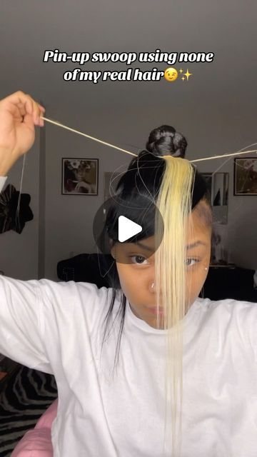 DaBarbzz💗! on Instagram: "Is this easy enough for y’all?😭❤️ #chicagohairstylist #hairreels #hairtutorial #hairideas #chicagoponytails" Bang And Bun Hairstyles For Black Women, Top Knot With Swoop, High Claw Clip Bun, 2 Bangs With Bun, Two Curly Ponytails With Weave, Bun And Bangs For Black Women, High Ponytail With Chinese Bangs Black Women, High Ponytail With Bangs Tutorial, Bang And Ponytail Black Women