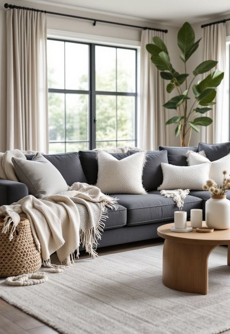 Dark Grey Couch Living Room Grey Couch Living Room Dark Floors, Dark Gray Couches With Pillows, Dark Grey Couch Cream Rug, Dark Room Light Couch, Neutral Living Room Dark Sofa, Grey Couch Sectional Living Room, Styling Gray Sectional, White Walls Dark Grey Couch, Grey Couch Wood Floor Living Room