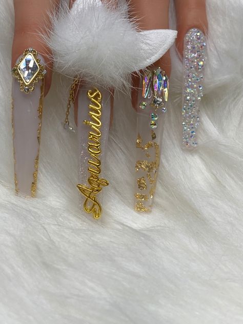 Aquarius acrylic nail designs Zodiac Signs Acrylic Nails, Aquarius Bday Outfit, Aquarius Bday Nails, Black Acrylic Nails With Rhinestones Bling, Aquarius Themed Nails, Zodiac Nails Designs Aquarius, Aquarius Nails Birthday, Scorpio Acrylic Nails Designs, Birthday Scorpio Nails