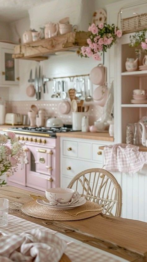 Inside Cottage Homes Interiors, Cottage Home Asethic, Pink Cottagecore Decor, Pink Cottage Interior, Pink Cottagecore House, Pink Cottage Kitchen, Pink House Aesthetic Interior, Pink Cottage Core Aesthetic, Cute House Interior