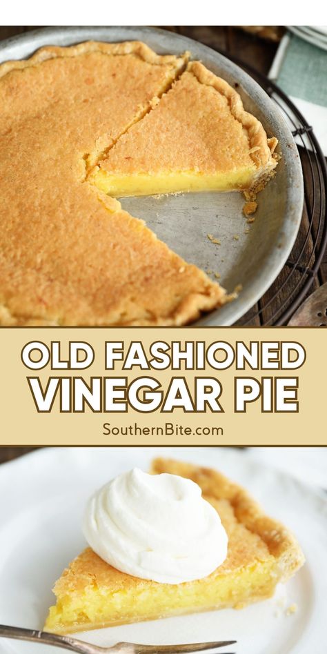 This Old Fashioned Vinegar Pie is a super easy vintage recipe that makes a silky, delicious chess style pie your family will love! Historical Food Recipes, Honey Vinegar Pie, Dr Pepper Pie, Old Fashion Pies, Pie Filling Recipes Easy, Old Fashion Desserts, Old Fashion Recipes, Water Pie Recipe, Walnut Pie Recipe