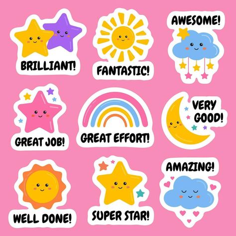 Teacher Stickers Printable, Sunny Clouds, Hello Kindergarten, Stickers Collection, Job Well Done, Kids Rewards, Work Stickers, Iphone Instagram, Stickers For Kids