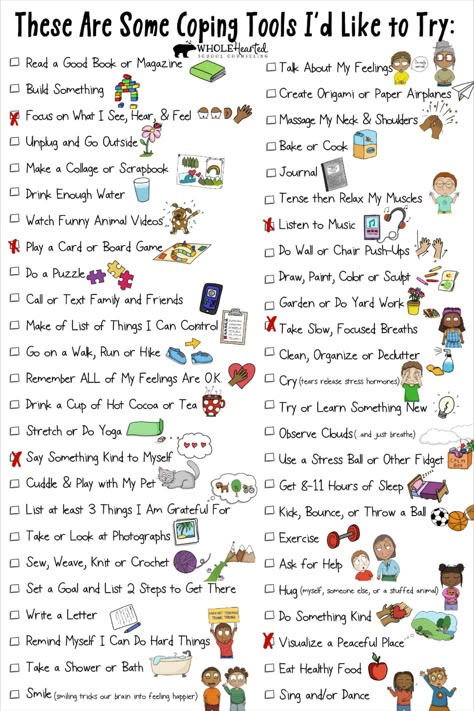 WELLNESS | NgLp Designs shares 50 coping skills for kids and adults when times feel overwhelming and get tough: "These are some coping tools I'd like to try... read a good book, bake, call a friend, listen to music..." via Whole Hearted School Counseling — social emotional learning lessons, coping skills, solution-focused, mindfulness, growth mindset, quarantine, stress, how to /// #parents #howto #wellness Kids Coping Skills, Kids Checklist, Learning Lessons, Healthy Coping Skills, School Social Work, Counseling Activities, Counseling Resources, Emotional Regulation, Coping Strategies