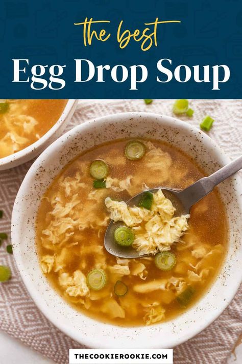 Egg Drop Soup is just so comforting and cozy! This easy soup recipe serves up a super satisfying bowl of deliciousness that's packed with flavor! P.f. Chang’s Egg Drop Soup, Pf Changs Egg Drop Soup, Homemade Egg Drop Soup, Egg Drop Soup Recipe, Easy Homemade Soups, Beef Recipe Instant Pot, Easy Teriyaki Chicken, The Cookie Rookie, Cookie Rookie