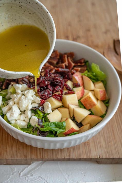 Our most popular salad recipe! This fall-inspired Autumn Salad with Apple Cider Vinaigrette is our go-to for holidays or weeknight meals. Autumn Chopped Salad, Salad With Apple Cider Vinaigrette, Thanksgiving Salad Recipes, Apple Cider Vinaigrette, Cider Vinaigrette, Thanksgiving Salad, Homemade Apple Cider, Baked Bacon, Delicious Thanksgiving