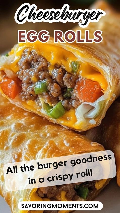 Crispy on the outside and packed with juicy cheeseburger flavor on the inside, these Cheeseburger Egg Rolls are a fun twist on a classic! Perfect as an appetizer, snack, or game day treat that everyone will love. Make this dish tonight – grab the recipe #CheeseburgerEggRolls #AppetizerIdeas #CrispySnacks #GameDayFood #ComfortFood #PartyAppetizers #EasyRecipes #SnackTime #HomemadeGoodness #CheesyBites #FoodMashup #QuickSnacks Cheese Burger Egg Rolls Recipe, Ruben Egg Rolls Recipe, Egg Roll Dough Recipe, Cheese Burger Egg Rolls, Cheeseburger Eggrolls Recipe, Egg Roll Filling Recipes, Cheeseburger Rolls, Burger Flavors, Cheeseburger Egg Rolls Recipe