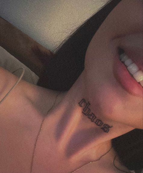 Chaos Neck Tattoo, Writing On Neck Tattoo, Throat Word Tattoo, Neck Writing Tattoo, Love Neck Tattoo, Neck Tattoo Writing, Script Neck Tattoo, Front Neck Tattoo, Chaos Tattoo