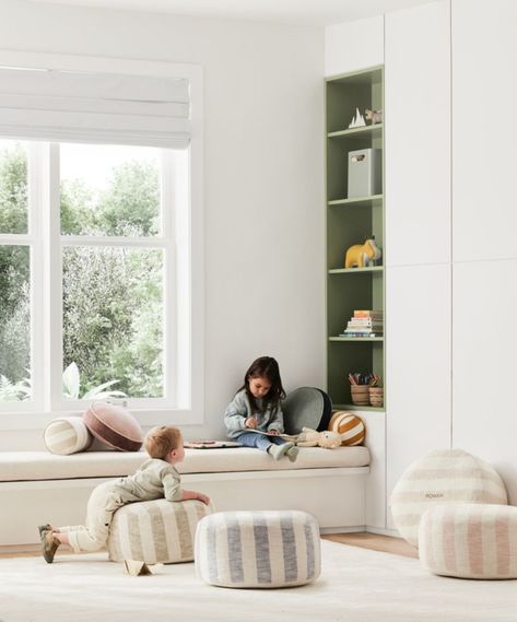 Beautifully crafted of organic cotton slub, our Cove Elegant Pink Striped Floor Cushion is a playroom seat, footrest and decorative object all in one. Its bold Mediterranean-inspired stripe makes a playful style statement in any room. A small-space essential, the floor cushion can be tucked under other furniture until needed, looking sculptural all the while. A handle on the side makes it easy to tote from room to room. Plus, the removable cover is easy to keep fresh and clean thanks to its mach Kids Floor Cushions, Playroom Seating, Striped Floor, Kids Flooring, Playroom Design, Toy Rooms, Toddler Room, Playroom Decor, Floor Cushion