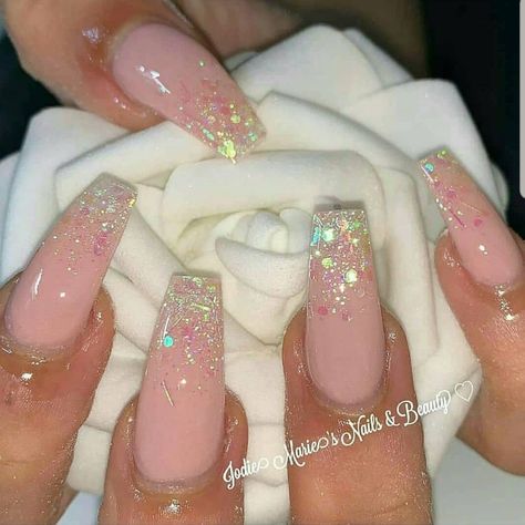 Iridescent Nails Coffin, Glitter Tip Nails Acrylic, Classy Wedding Nails Design, Pink Snd White Acrylic Nails, Iridescent Nails Glitter, Nails For Anniversary, Pink And Sparkle Nails, Baby Pink Glitter Nails, Nail Designs Glitter Ombre