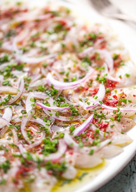 sea bass crudo - Italian style cured fresh fish better than ceviche or sashimi Carpaccio Recipe Fish, Sea Bass Crudo, Sea Bass Meals, Cured Fish Recipe, Sushi Recipes No Rice, Fish Carpaccio Recipes, Seabass Ceviche Recipe, Italian Ceviche, Sea Bass Ceviche